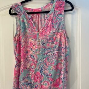 Lily Pulitzer Sleeveless Top - Pink and Blue with gold buttons.